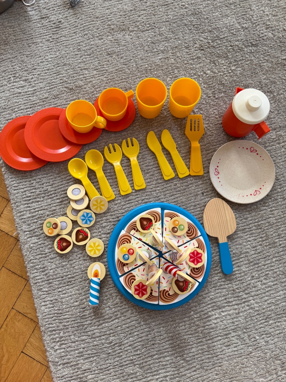 Melissa & Doug Cake Set & Fisher-Price plates cups forks spoons jug
